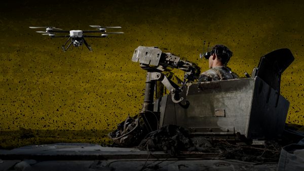Decorative image of drone and soldier