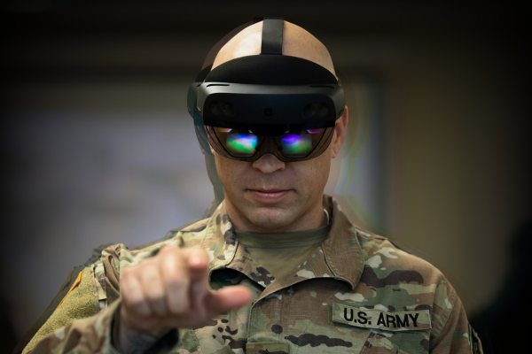 Soldier wearing virtual reality headset